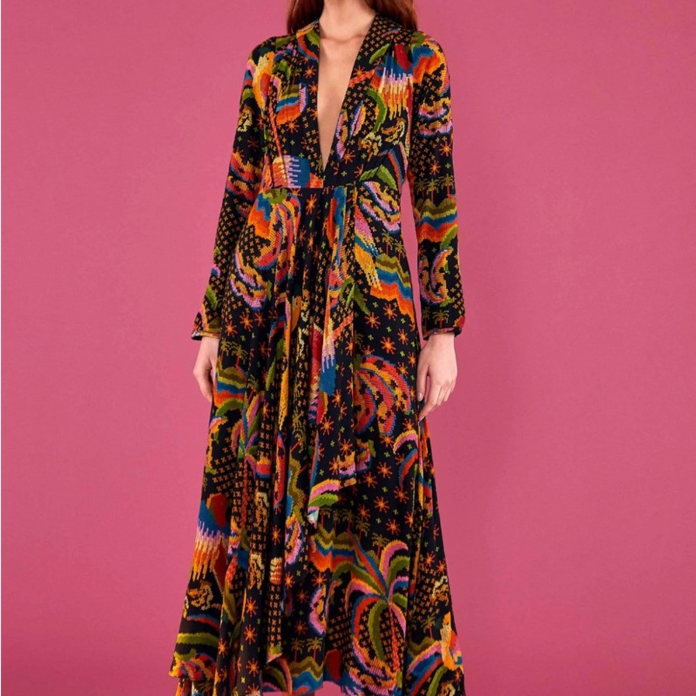 Farm Rio Macaw Island Maxi Dress Long Sleeve Black Bird Print Medium M